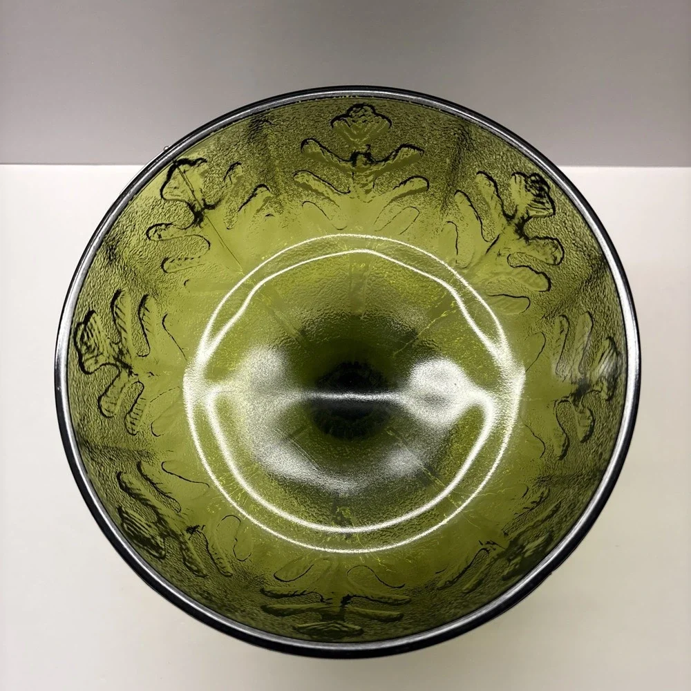 Vintage Avocado Green Glass Compote Bowl Embossed Leaf Pedestal Dish 7 Inch